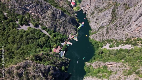 Matka Canyon river flowing through steep mountains and Matka Dam near Skopje, North Macedonia