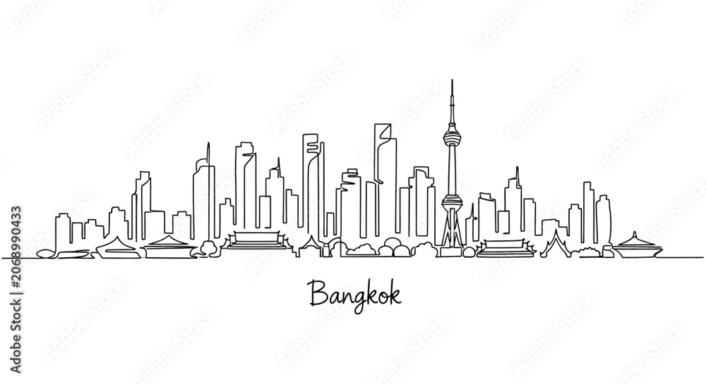 Fototapeta premium Bangkok Skyline Outline Illustration, Thailand Cityscape
