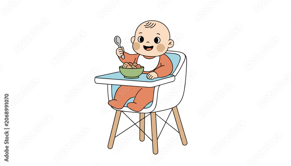 Fototapeta premium Cute cartoon baby boy sitting in a white high chair and happily eating food from a green bowl with a spoon.