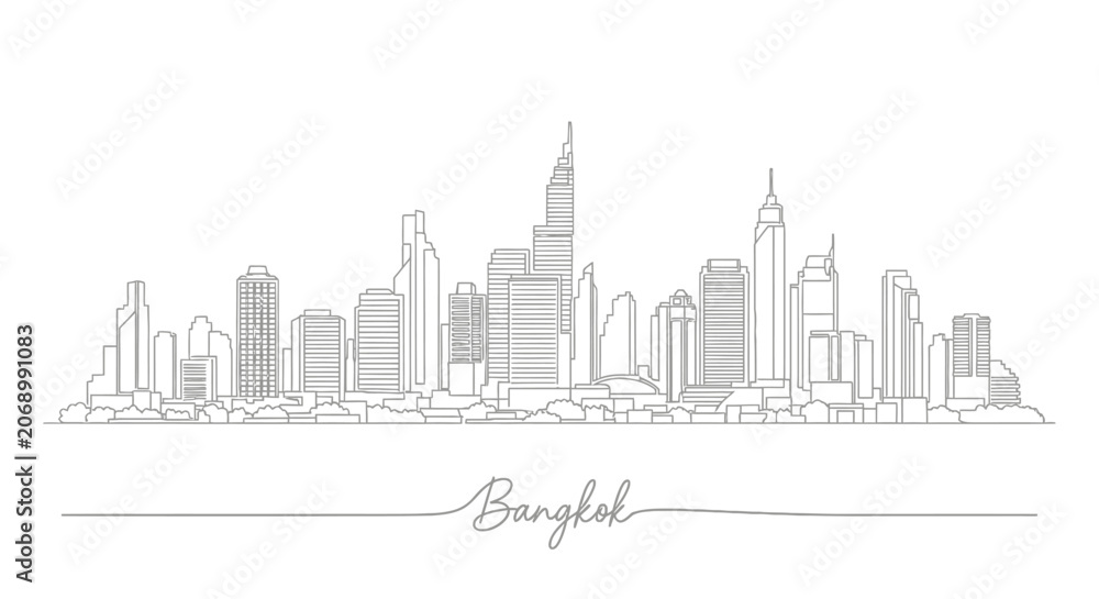 Obraz premium Bangkok skyline linear illustration, city outline, architectural panorama
