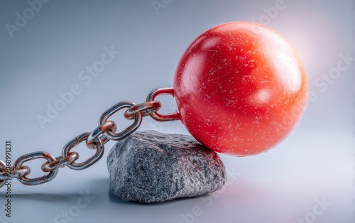 Red ball chained to a rock symbolizing restraint or burden on a light gray background