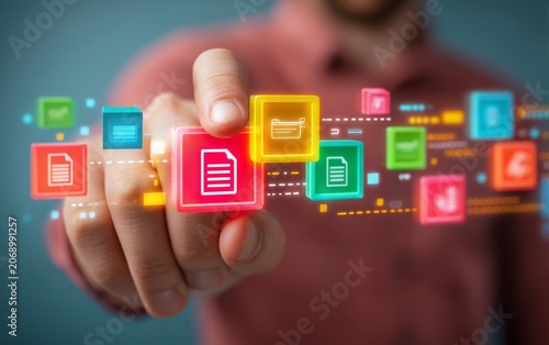 Human Hand Interacting with Virtual Cloud Storage Files on Digital Screen
