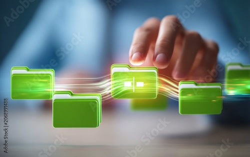 Businessman Touches Digital Folder Icons with Hand in Virtual Interface Scene