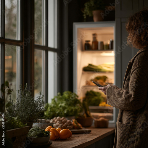 Woman holding a smartphone in a rustic kitchen next to an open refrigerator filled with fresh produce