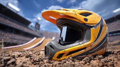 Yellow and black full-face motorcycle helmet resting on dirt at race track