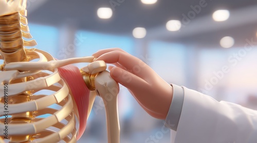 Human hand touching shoulder of human skeleton model in medical classroom