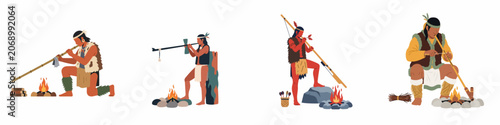 Konstfotografi Illustrations of indigenous men in traditional attire performing various activities near campfires, including using blowguns and smoking long pipes