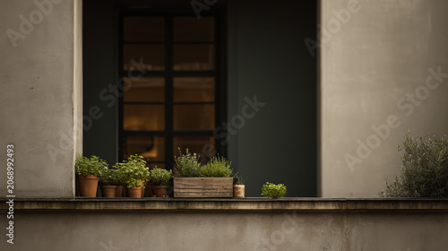 Potted green herbs and plants arranged on a concrete window ledge of a minimalist building