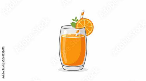 Photography Fresh orange juice in a glass with straw and slice