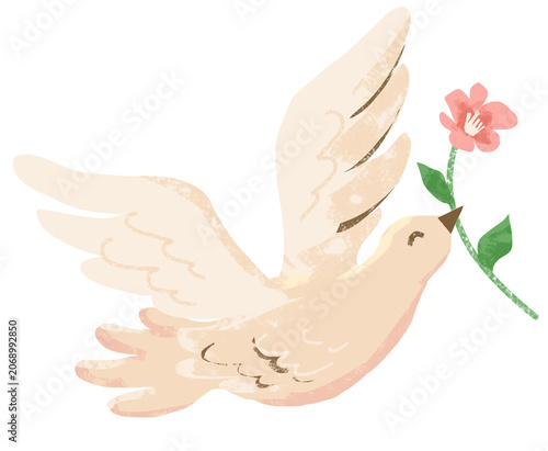 The illustration depicts a dove in flight, holding a pink flower in its beak.