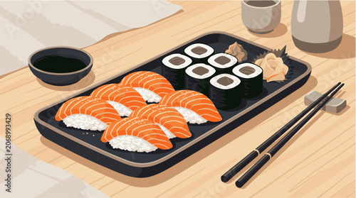 Cuadro en lienzo Sushi plate with salmon sashimi and maki rolls on wooden table