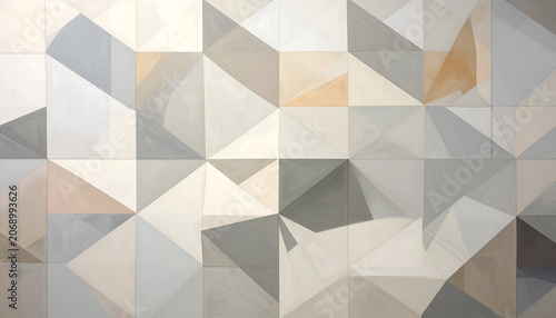 Abstract geometric painting; pastel color palette, triangles, squares, and a mosaic effect