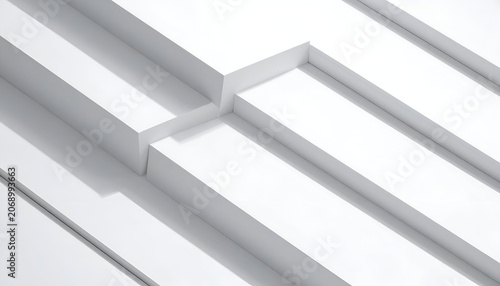 Geometric abstract of stacked white rectangular blocks with strong shadows and clean lines