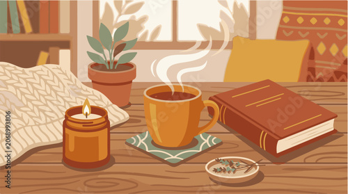 Cozy Morning Coffee Scene with Steaming Mug, Candle, Book, and Potted Plant on Wooden Table