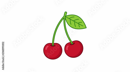 Two red cherries with green leaf on stem