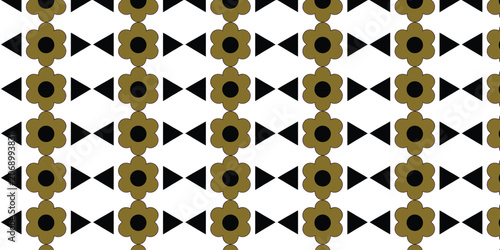Abstract geometric seamless pattern with retro floral motifs and black triangles on white background.