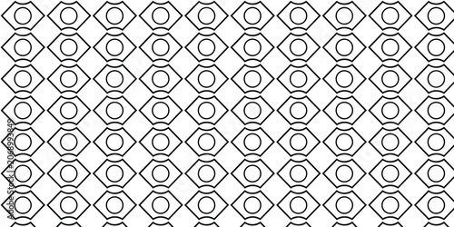 Abstract geometric seamless pattern with black linear ornament shapes on white background.