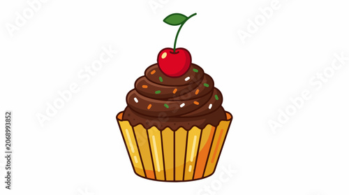 Chocolate cupcake with cherry on top and colorful sprinkles