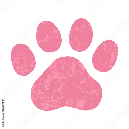 Cat paw print, grunge style in pink colors, isolated on white background. Cat or dog paw icon, rough textured style. Pet animal symbol