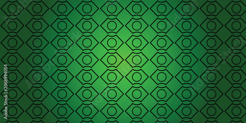 Abstract geometric seamless pattern with green gradient background and dark linear ornament shapes.