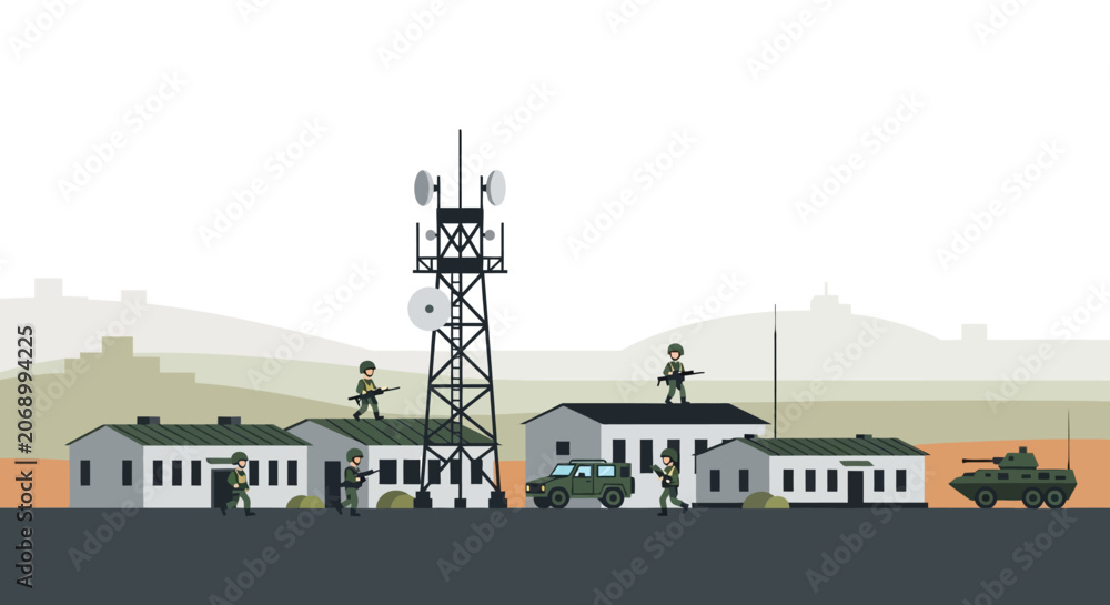 Obraz premium Military base illustration with soldiers, vehicle and tower