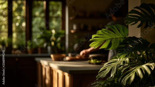 Monstera deliciosa plant close up in a rustic kitchen with a blurred person in the background