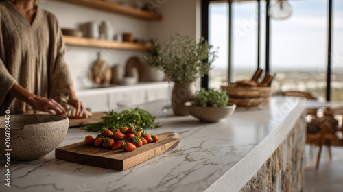 Fresh red strawberries on a wooden cutting board on a marble kitchen island with a blurred woman