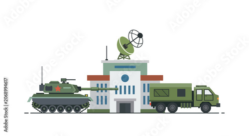 Military base illustration with tank, truck and surveillance building