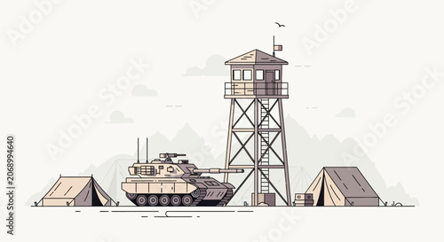 Military base illustration with tank, watchtower, and tents