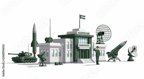 Military base illustration with tanks, missiles, and soldier salute