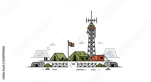 Military base illustration with tents, flag, antenna tower