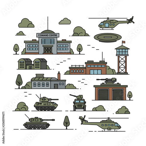 Military base illustration with vehicles and command center