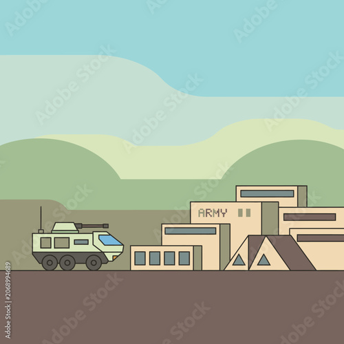 Military base illustration, armored vehicle, army camp, urban warfare concept