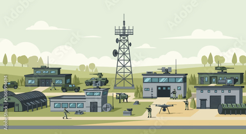 Military base illustration with vehicles, soldiers, and communication tower