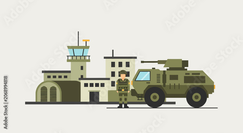 Military Base Scene: Soldier, Armored Vehicle, and Buildings