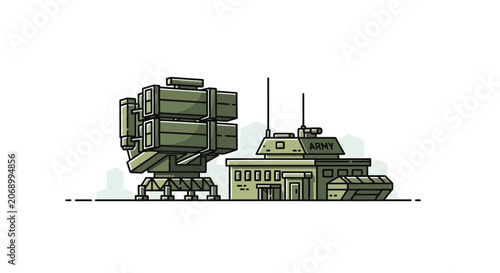 Military Base Vector Illustration - Air Defense System & Army Building