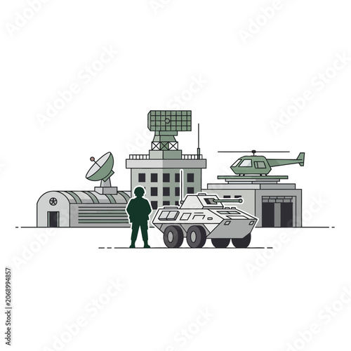 Military Base Scene: Soldier, Armored Vehicle, Helicopter, Radar