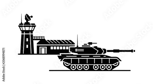 Military Base Silhouette: Tank, Control Tower, and Building