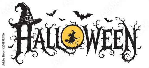 Halloween horizontal banner with vector logo. The inscription with ominous tree branches, bats and a pretty witch on a background of the full moon.