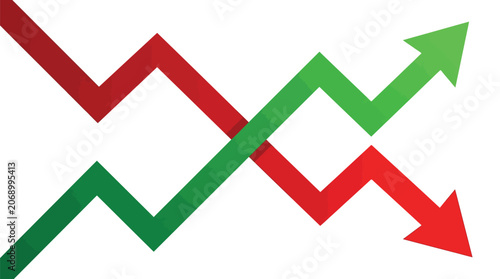 Two contrasting directional arrows, one green ascending and one red descending, illustrate market volatility and financial trends.