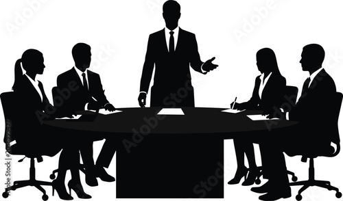 Business Meeting Black Silhouette with Corporate Team Discussion and Conference Table