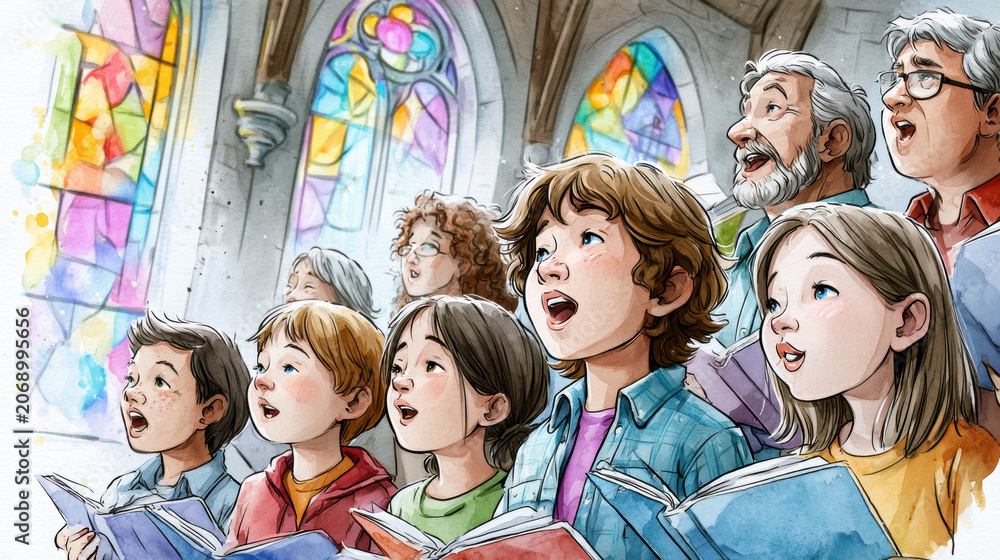 Fototapeta premium Children choir singing in church with stained glass windows and adults, joyful group performing together in worship watercolor style