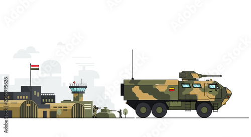 Military base with armored vehicle and armed personnel, vector illustration