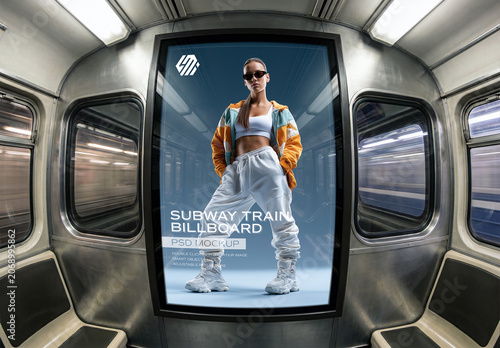 Vertical Billboard in Clean Subway Train Mockup - Fisheue Front View