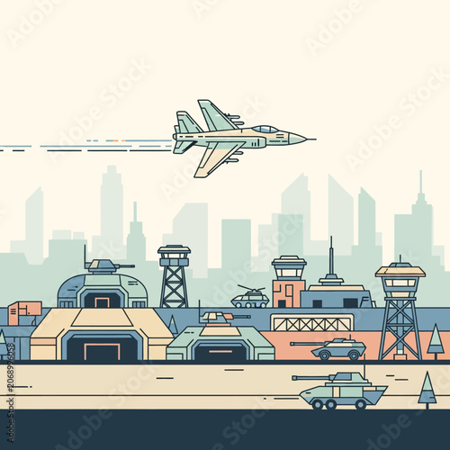 Military Base with Fighter Jet and Tanks in City Skyline Background