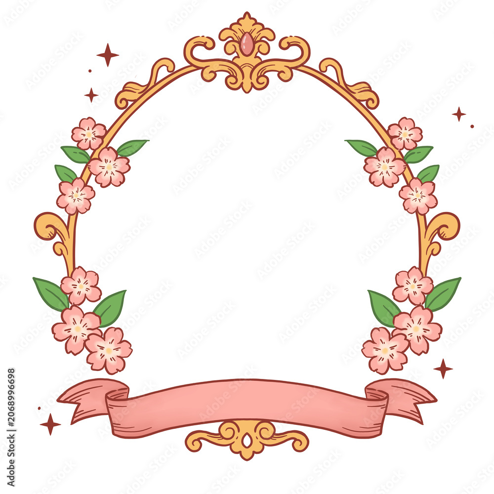 Fototapeta premium Cute pink sakura with ribbon border element for greeting or wedding card