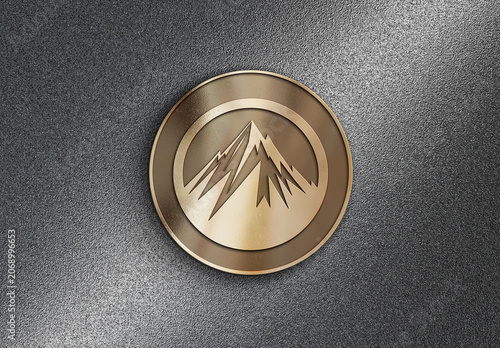 Gold Badge on a Textured Metal Background Mockup - Circular Engraved Magnet