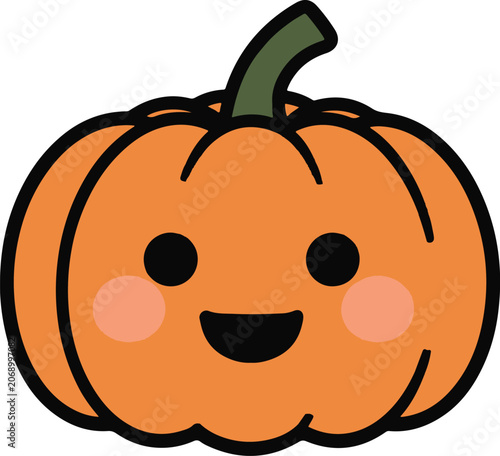 Schilderij op canvas A charming cartoon pumpkin with a joyful expression, featuring rosy cheeks and a cute stem, ready for Halloween festivities
