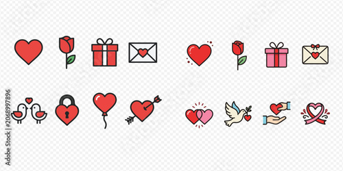 Fotografie Valentine's Day love icons set with hearts, roses, gifts, and romantic symbols