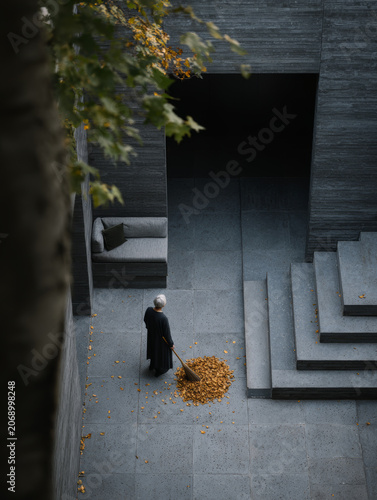 High angle view of a senior woman sweeping autumn leaves into a pile in a modern concrete courtyard